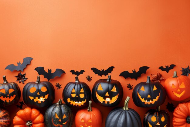 Spooky halloween pumpkins on orange background with ample space for text placement