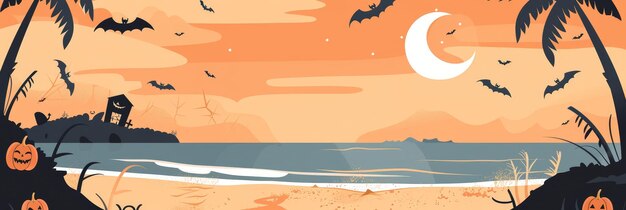 Photo a spooky halloween scene featuring a beach sunset palm trees bats flying in the sky a cresce