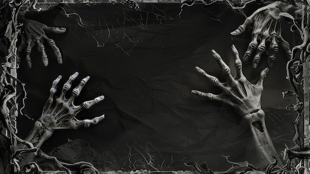 Photo a spooky halloween scene featuring four skeletal hands reaching out from the darkness symboliz