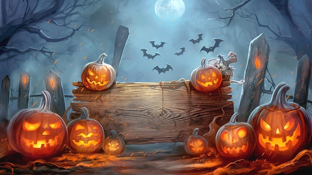 Spooky Halloween scene featuring glowing jackolanterns flying bats skeleton figure wooden fence and full moon in a dark eerie forest setting