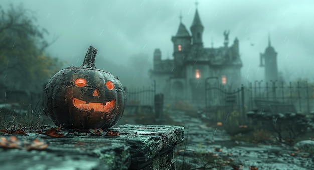 Spooky Halloween scene with a carved pumpkin in the foreground and a haunted castle in a misty background