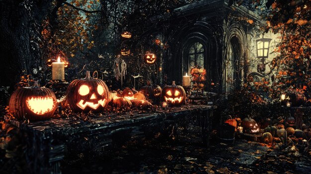 A spooky Halloween scene with carved pumpkins lit by candles and a lantern set against a backdrop of an old haunted house and fall foliage