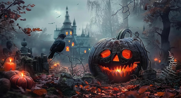 Spooky Halloween scene with carved pumpkins a raven and a haunted castle amidst autumn foliage