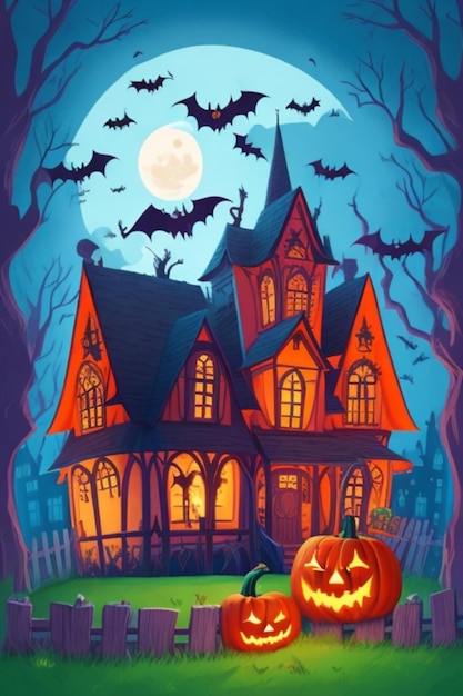 Spooky halloween scene with ghosts pumkins bats and old house in the background