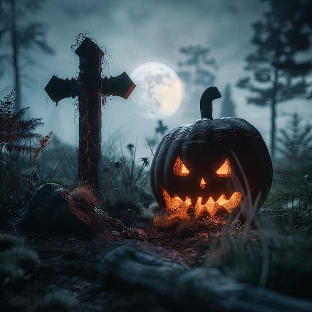 Spooky Halloween Scene with Glowing Pumpkin Under Full Moon