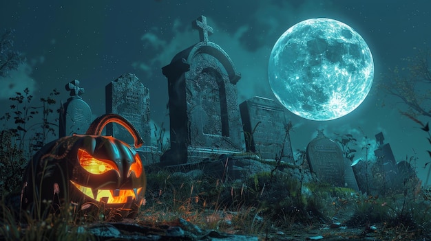 Spooky Halloween Scene with Glowing Pumpkin Under Full Moon