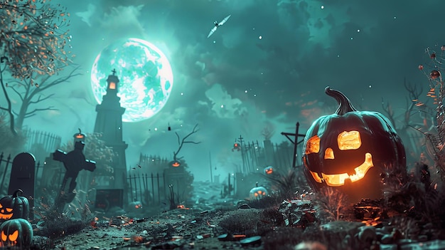 Spooky Halloween Scene with Glowing Pumpkin Under Full Moon