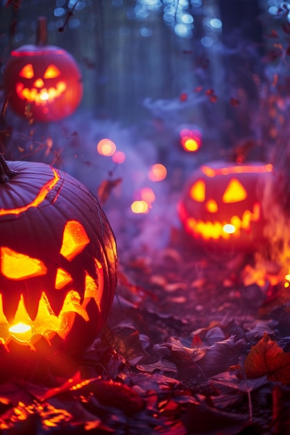 Spooky Halloween scene with glowing pumpkins and mist