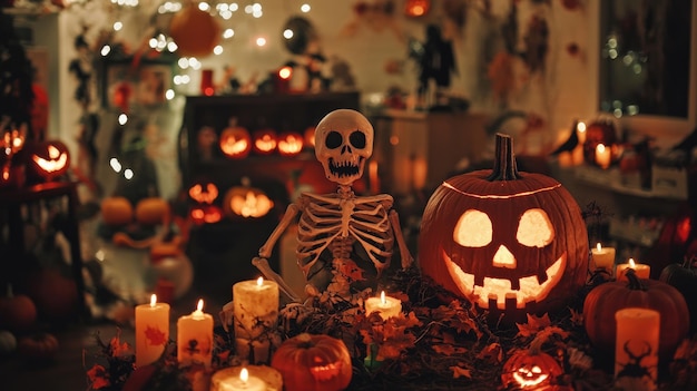 A spooky Halloween scene with a grinning jackolantern a skeleton and flickering candles