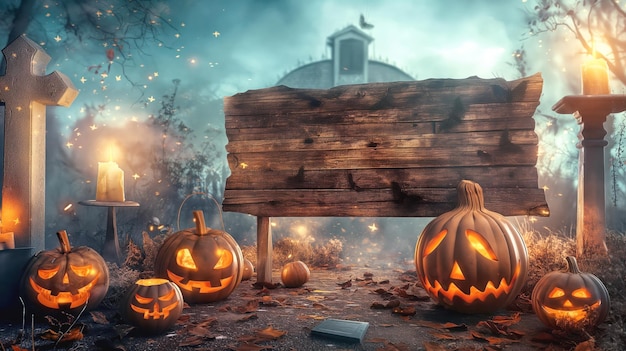 Spooky Halloween scene with illuminated jackolanterns wooden sign candles and tombstone in a foggy graveyard setting