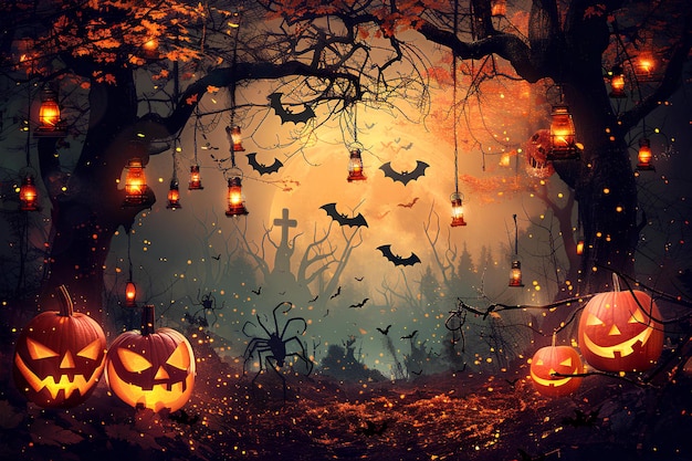 A spooky halloween scene with pumpkins and bats