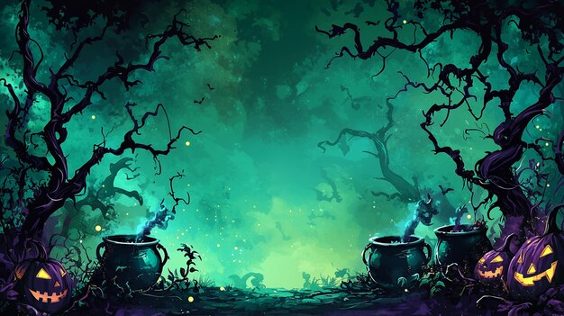 Photo a spooky halloween scene with two cauldrons and glowing pumpkins in a mysterious forest