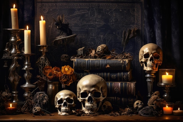 Spooky Halloween setting with skull candlestick and fireplace evoking mysticism and witchcraft