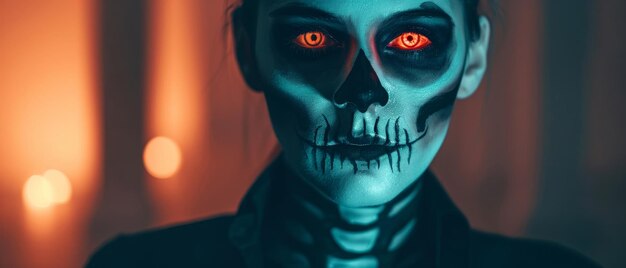 spooky halloween skeleton makeup with glowing red eyes mysterious and dark atmosphere with blurred background lights