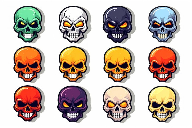 Spooky Halloween Stickers Skulls Isolated on White Background AI Generated