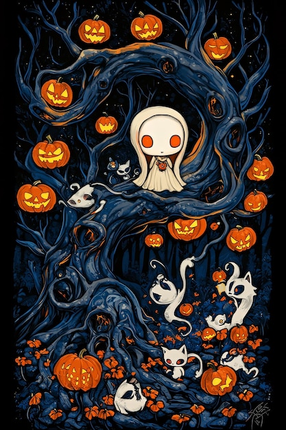 Spooky Halloween Tree with Cute Ghost and Pumpkins