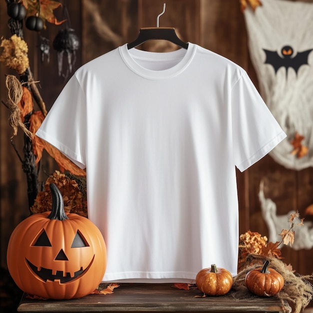 Photo spooky halloween tshirt mockup blank tee with pumpkin and eerie decorations for custom designs