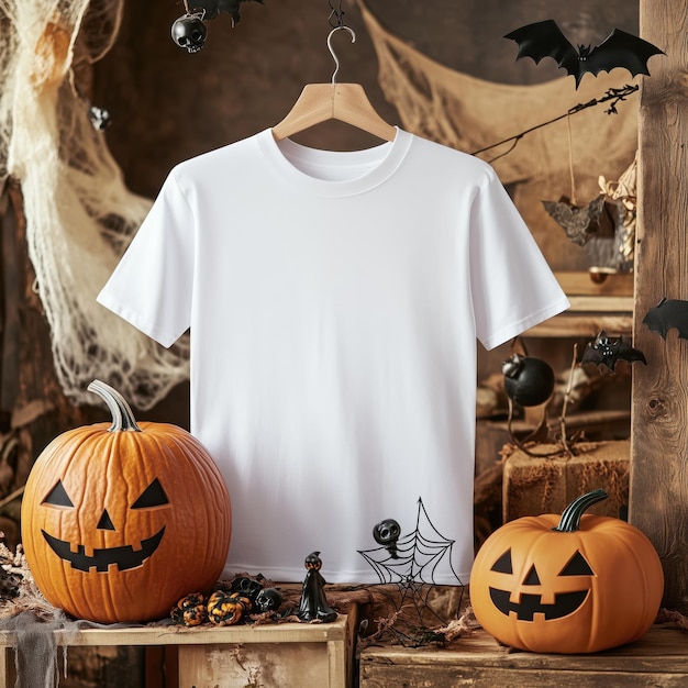 Spooky Halloween TShirt Mockup Blank Tee with Pumpkin and Eerie Decorations for Custom Designs