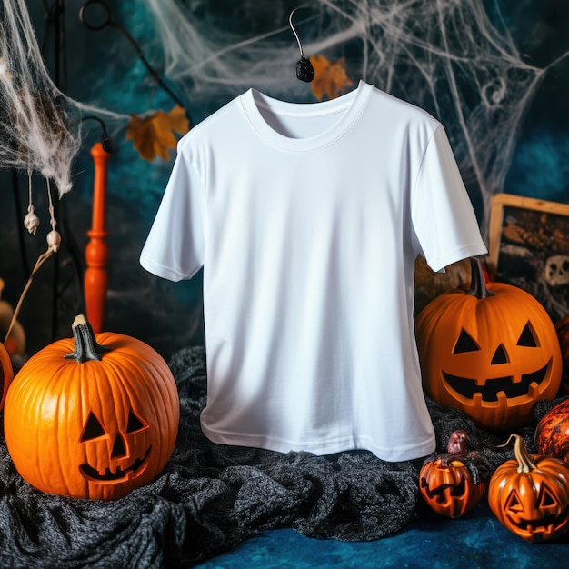 Photo spooky halloween tshirt mockup blank tee with pumpkin and eerie decorations for custom designs