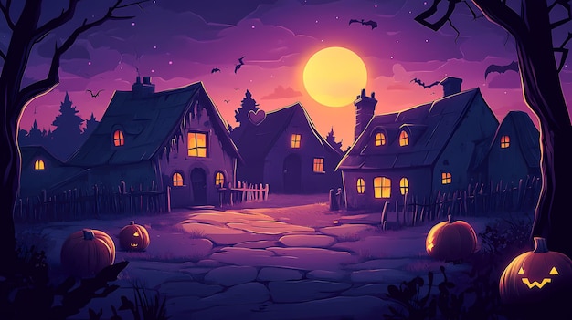 Photo a spooky halloween village with pumpkins a full moon and bats flying in the night sky