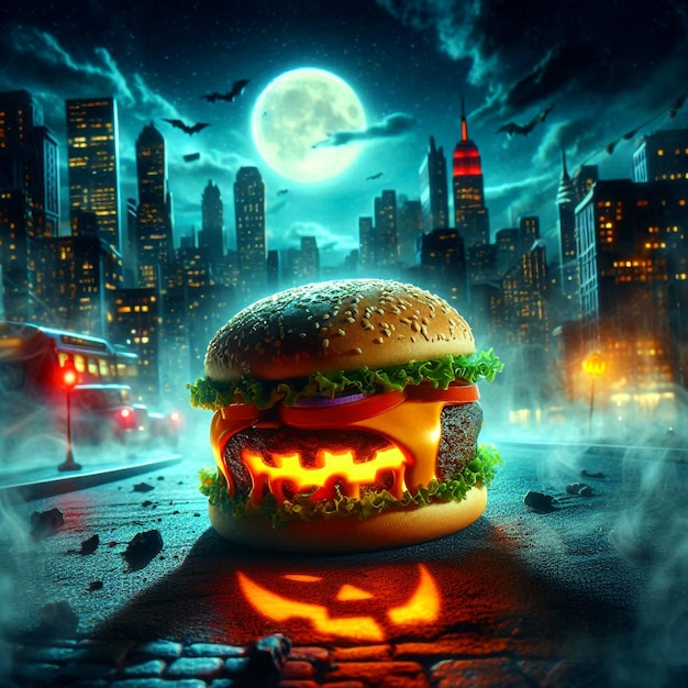 Spooky Hamburger on the blue background