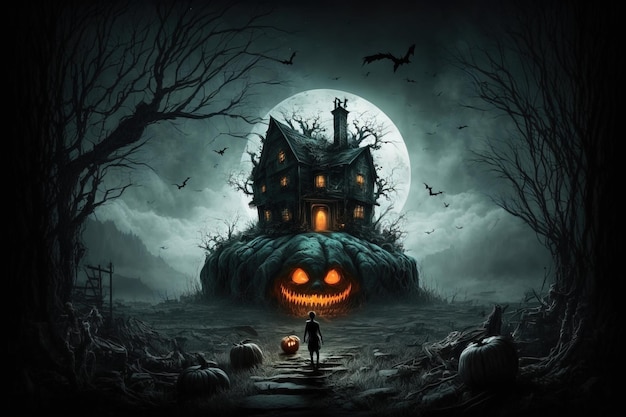 Spooky haunted house with a big scary face a cloudy night