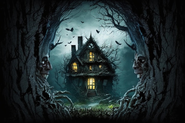 Spooky haunted house with a big scary face a cloudy night