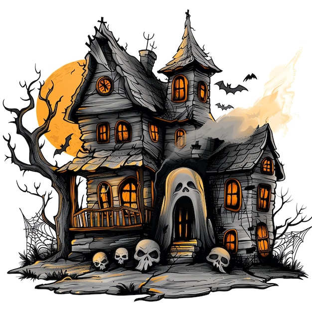 A spooky haunted house with lit windows skulls bats fog and a full moon Perfect for Halloween