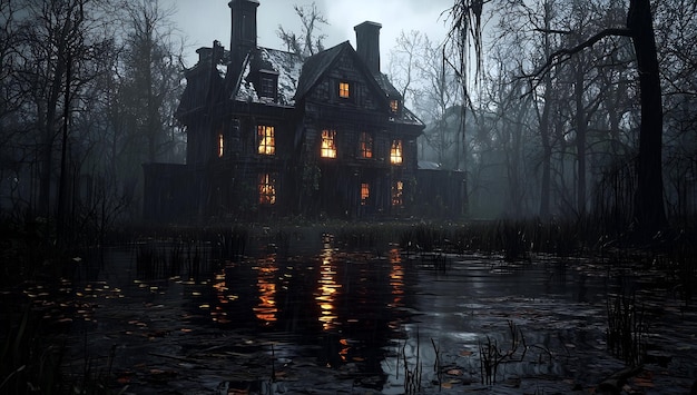 Photo spooky haunted mansion by moonlight with eerie atmosphere