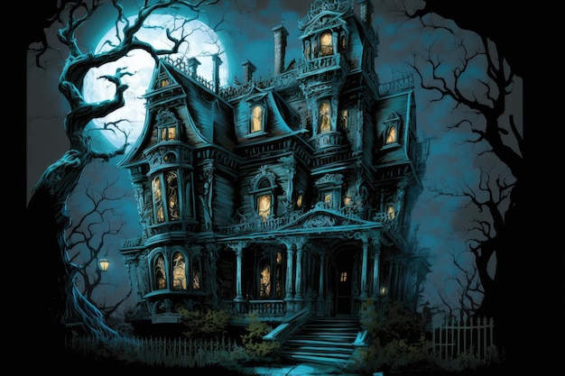 Spooky horror house with crooked steps and glowing windows in image of haunted mansion