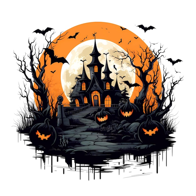 Spooky house with bats and pumpkins in front of full moon Generative AI