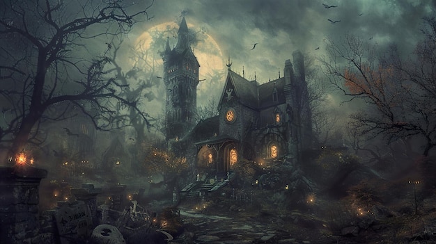 a spooky house with a full moon behind it