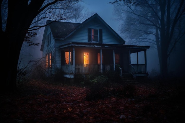 A spooky house with the lights on in the dark