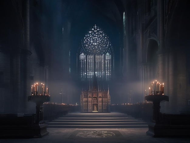 A spooky illuminated cathedral with dark history sits indoors