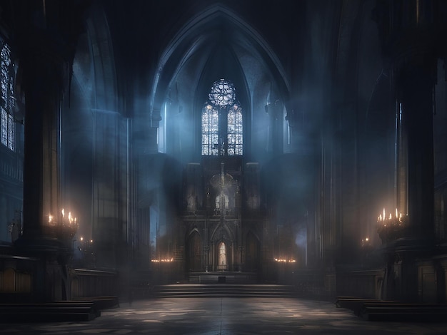 A spooky illuminated cathedral with dark history sits indoors