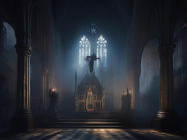 A spooky illuminated cathedral with dark history sits indoors