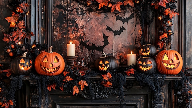 Photo spooky indoor halloween setup featuring pumpkins candles and orange black garlands decor