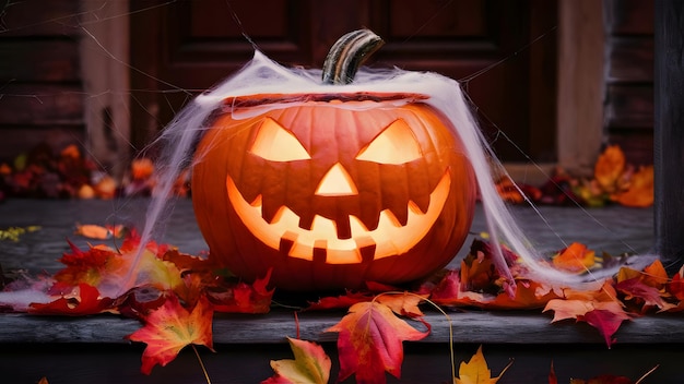 Spooky JackoLantern on a Porch with Autumn Leaves