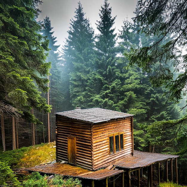 Spooky log cabin in the dark forest generated by Ai