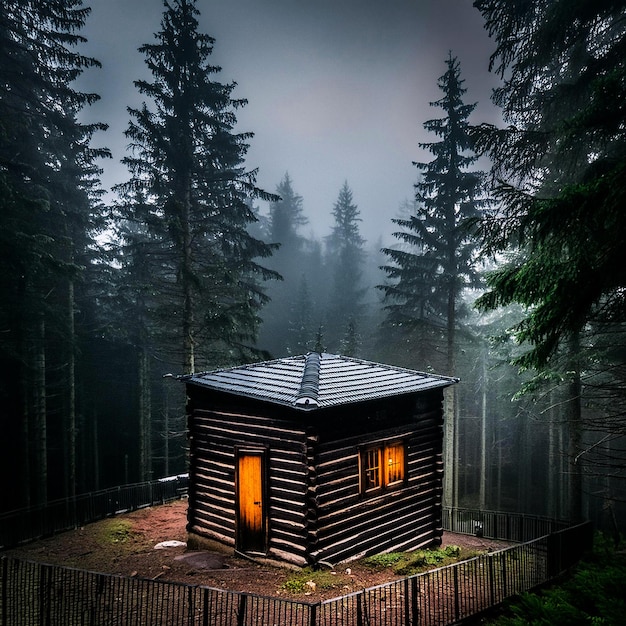 Spooky log cabin in the dark forest generated by Ai