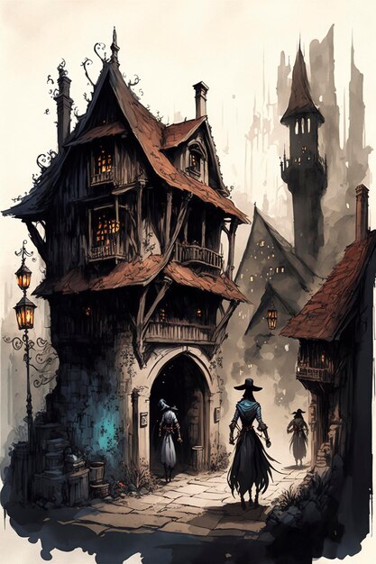 spooky medieval fantasy, line art, watercolor,town