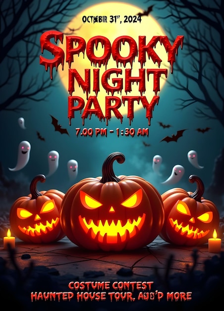 Spooky Night Party HalloweenThemed Party Flyer with JackoLanterns and Ghosts