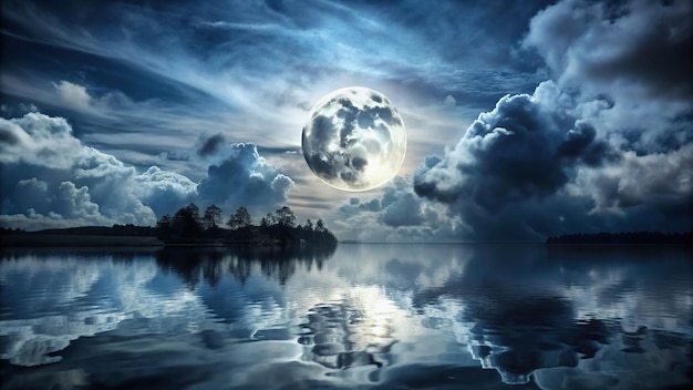 Photo a spooky night with ominous clouds and a full moon reflected in a still body of water landscape clouds water eerienight reflection spooky creepy midnight atmosphere gloomy