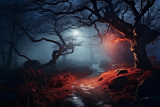 Spooky nocturnal landscape filled with an eerie atmosphere