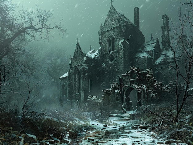 a spooky old abandoned building in the snow