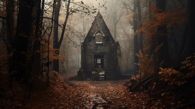 Photo spooky old building feature vanishing into autumn forest