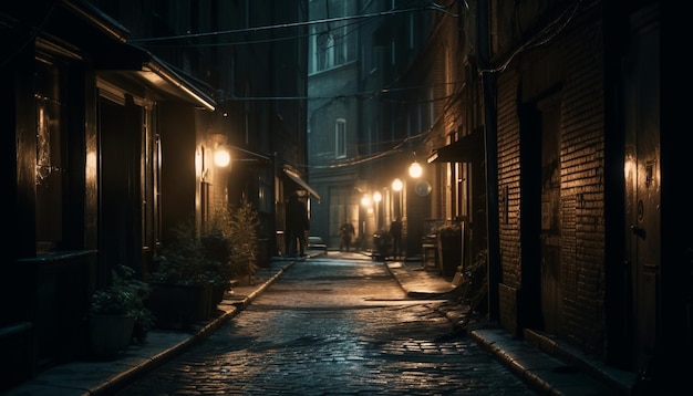 The spooky old building illuminated by street lights at night generated by AI