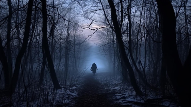 Spooky one person walking in dark forest winter morning background