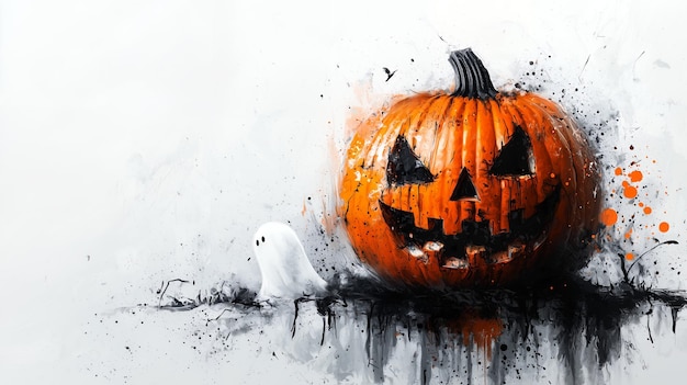 A spooky painted pumpkin with a ghostly figure on a white background