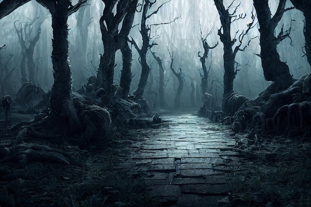 Spooky pathway to abandoned land fantasy surreal 3d illustration